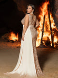 Plus Elegant Sequin Gown with High Slit & Draped Train – Luxury Evening Wear for Red Carpet, Gala Dinners & Luxury Weddings, 1XL-3XL
