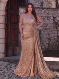 Plus Elegant Asymmetrical Spaghetti Straps Split Thigh Sequin Party Dress