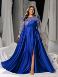 Plus Women's Sequin Bodice Formal Gown | Long Sleeves | Full Flared Skirt
