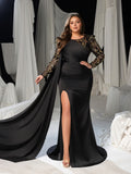 Plus Luxury Satin Formal Gown with Sequin Sleeves & High-Slit Skirt