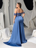Plus Sequined & Beaded Off-Shoulder Mermaid Gown with Satin Floor-Length Train & High Slit