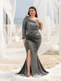 Plus Elegant One-Shoulder Thigh Slit Sequin & Velvet Mermaid Dress with Feather Accents