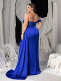 Plus One-Shoulder Mermaid Gown with Sequined Bodice, High Slit & Floor-Length Train