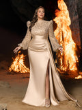 Plus Elegant Satin Evening Gown with High Slit & Crystal-Embellished Sleeves – Luxurious Backdrop for High-End Wedding Receptions or Charity Galas, 1XL-3XL