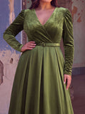 Plus V Neck Long Sleeve Belted Satin A Line Dress