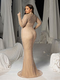 Plus Luxury High-Neck Mermaid Maxi Dress | All-Over Pearl Beading & Chapel Train