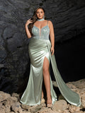 Plus Beaded Sweetheart Mermaid Gown | Spaghetti Straps with Side Slit & Cascading Train
