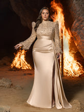 Plus Elegant Satin Evening Gown with High Slit & Crystal-Embellished Sleeves – Luxurious Backdrop for High-End Wedding Receptions or Charity Galas, 1XL-3XL