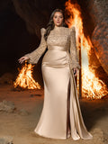 Plus Elegant Satin Evening Gown with High Slit & Crystal-Embellished Sleeves – Luxurious Backdrop for High-End Wedding Receptions or Charity Galas, 1XL-3XL