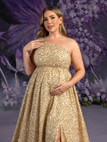 Plus Maternity One Shoulder Split Thigh Sequin Party Dress