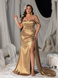 Plus Off Shoulder Beaded Satin Mermaid Gown with High Slit & Floor-Length Train