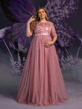 Plus Maternity Floral Sequin Embroidered Bodice Formal Party Dress