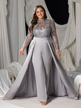 Plus Sequin-Trimmed Jumpsuit with Glittering Bodice & Satin Wide-Leg Pants for Evening Glam