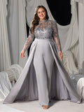 Plus Sequin-Trimmed Jumpsuit with Glittering Bodice & Satin Wide-Leg Pants for Evening Glam
