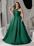 Plus One-Shoulder Satin Gown with Pleated Shoulders, Crisscross Back Straps & Floor-Length Skirt
