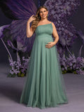 Plus Maternity Solid One Shoulder Sleeveless Mesh Party Dress