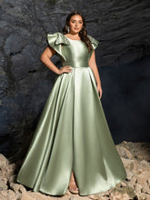 Plus Satin Evening Gown with Bow Shoulder & Dramatic High Slit – Luxurious Evening Wear for Red Carpet, Formal Galas & Wedding Receptions