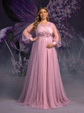 Plus Maternity Applique Detail V Neck Lantern Sleeves Mesh Evening Dress