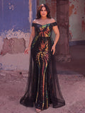 Plus Size Sequin Off-Shoulder Mermaid Maxi Dress with Sheer Overlay | Evening Gown with Diagonal Gradient Pattern | Formal Party & Prom Dress
