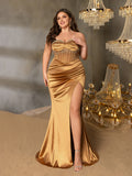 Plus Elegant Strapless Rhinestone Detail Sheer Bodice Split Satin Formal Party Dress