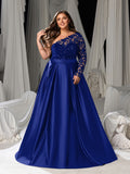 Plus Size Elegant Lace One-Shoulder Evening Gown - Formal Dress with Single Sleeve & Waist Belt