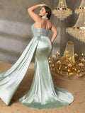 Plus Beaded Sweetheart Mermaid Gown | Spaghetti Straps with Side Slit & Cascading Train