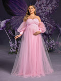 Plus Maternity  Off-Shoulder Evening Gown with Puff Sleeves – Flowy Tulle Dress for Pregnancy Photoshoots & Baby Showers