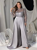 Plus Sequin-Trimmed Jumpsuit with Glittering Bodice & Satin Wide-Leg Pants for Evening Glam