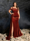Plus One-Shoulder Ruched Velvet Gown | Beaded Strap & High Thigh Slit