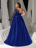 Plus Size Elegant Lace One-Shoulder Evening Gown - Formal Dress with Single Sleeve & Waist Belt