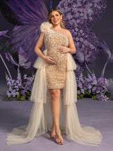 Plus Maternity  One Shoulder Tulle Overlay Sequin Party Dress