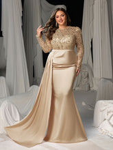 Plus Round Neck Long Sleeves Formal Evening Dress with Sequin Bodice and Satin Mermaid Skirt