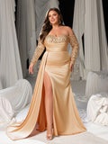 Plus Luxury Off-Shoulder Sequin Mermaid Train Formal Dress with High Slit and Sweetheart Neckline