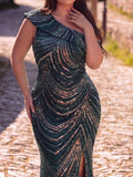 Plus Sequins One Shoulder Mermaid Maxi Dress | Chevron Stripe High Slit Evening Gown | Formal Party & Prom Dress
