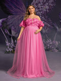 Plus Matenity Off-Shoulder Gown with 3D Rose Embellishments & Ruffled Tulle Skirt – Elegant 1XL-5XL Pregnancy Dresses for Special Occasions