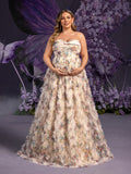 Plus Maternity Strapless Ruffle Trim Floral Mesh Party Dress