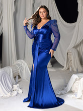 Plus Deep V-Neck Satin Mermaid Gown with Sheer Tulle Sleeves, Sparkling Embellishments & High Slit