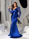 Plus Deep V-Neck Satin Mermaid Gown with Sheer Tulle Sleeves, Sparkling Embellishments & High Slit
