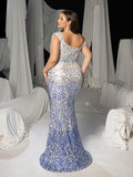 Plus Women's One-Shoulder Geometric Pattern Sequin Mermaid Gown | Illusion Back Evening Dress