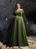 Plus V Neck Long Sleeve Belted Satin A Line Dress