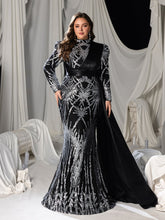 Plus Sequined High-Neck Long-Sleeve Mermaid Gown with Satin Drapes & Tail