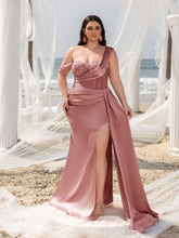 Plus Elegant Asymmetrical Neck Split Mermaid Hem Satin Evening Dress