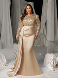 Plus Round Neck Long Sleeves Formal Evening Dress with Sequin Bodice and Satin Mermaid Skirt