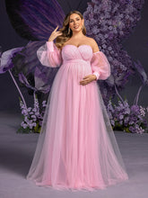 Plus Maternity  Off-Shoulder Evening Gown with Puff Sleeves – Flowy Tulle Dress for Pregnancy Photoshoots & Baby Showers