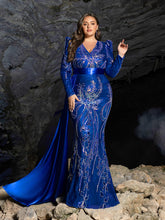 Plus Sequin Embroidered V-Neck Mermaid Gown | Long Sleeve with Wide Belt & Sweep Train