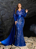 Plus Sequin Embroidered V-Neck Mermaid Gown | Long Sleeve with Wide Belt & Sweep Train