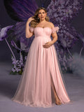 Plus Maternity Off Shoulder Ruched Bust Split Tulle Evening Dress