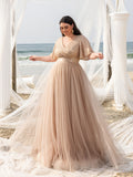 Plus Elegant Surplice Neck Butterfly Sleeves Sequin Evening Dress