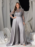 Plus Sequin-Trimmed Jumpsuit with Glittering Bodice & Satin Wide-Leg Pants for Evening Glam