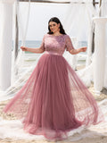 Plus-size Boat Neck Gown with Floral Sequin Embroidered Bodice & Tulle Skirt